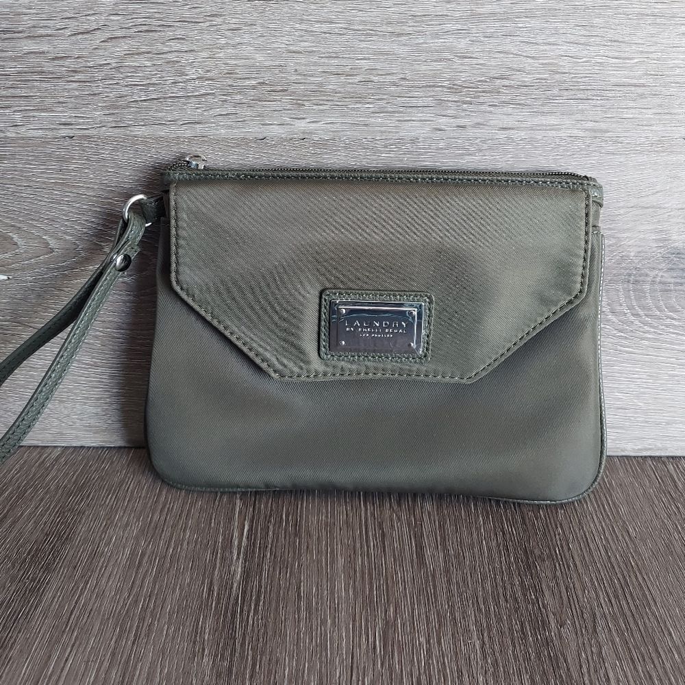 Landau Olive Green Clutch with Smooth Finish and Wrist Strap